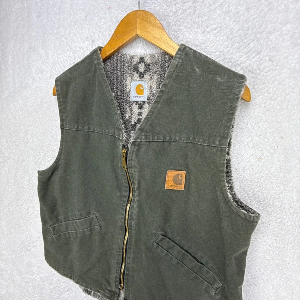 Carhartt Vest Aztec Pile Lining Mens Small VP166 Dark Olive Green - Picture 9 of 10